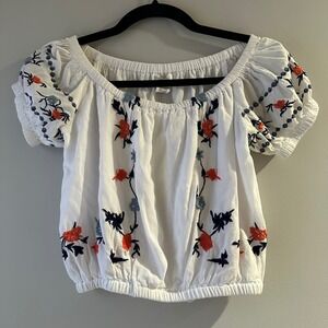 Japna White Floral Embroidered Off The Shoulder Peasant Blouse Small